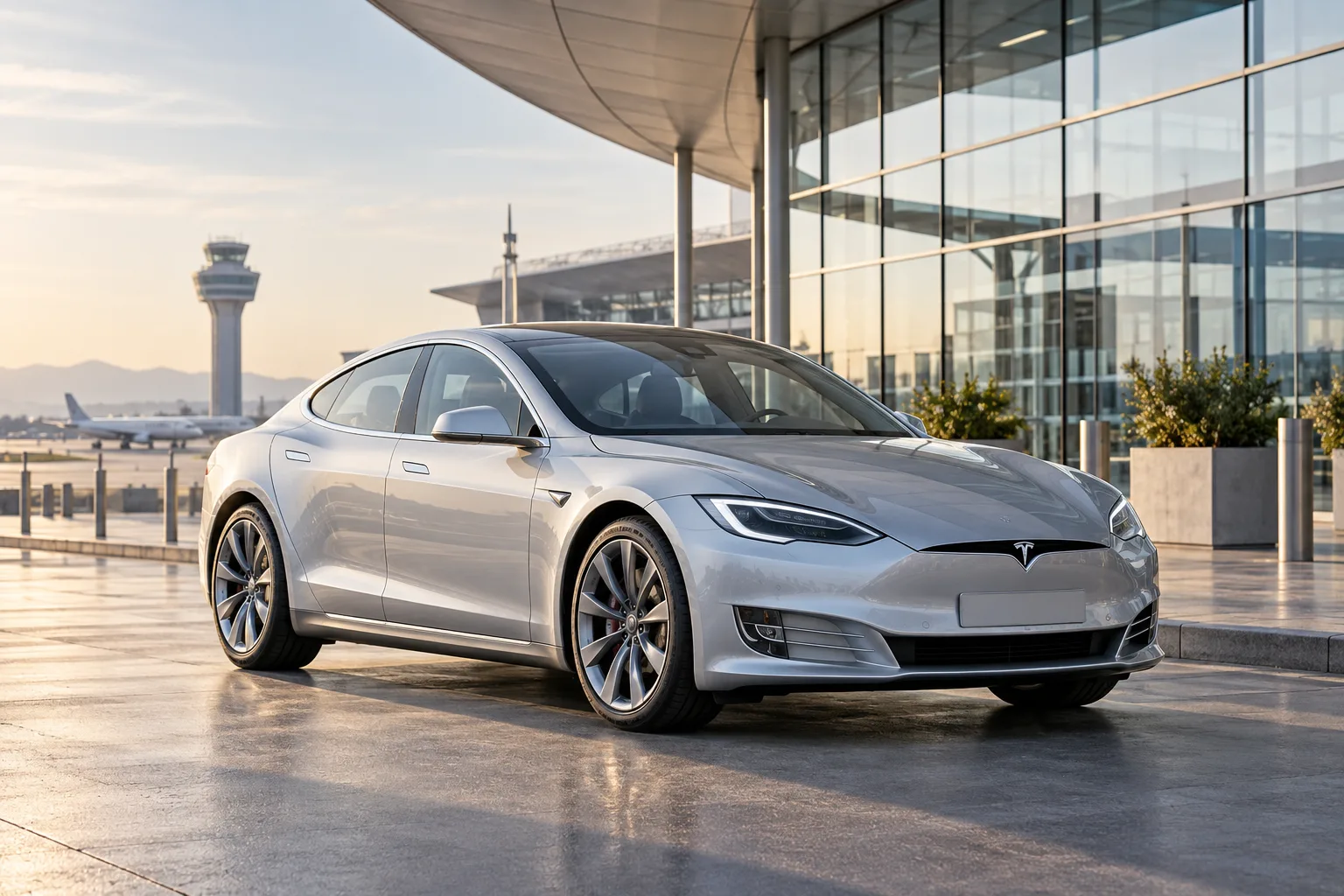 Silver Tesla Model S outside an airport — illustration